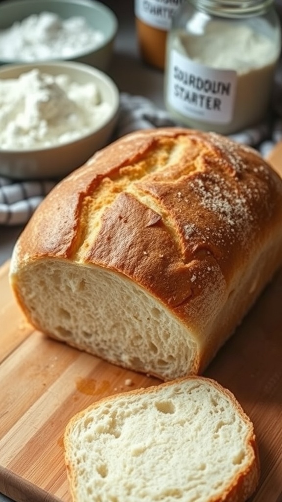 Gluten-Free Sourdough Bread Recipe Freshly baked gluten-free sourdough bread loaf on a cutting board with a slice cut to show the interior.
